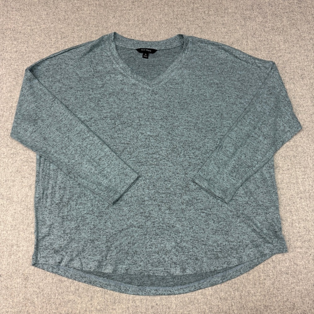 Well Worn Top XL Teal Heather V-Neck Drop Shoulder Curved Hem Long Sleeve Casual